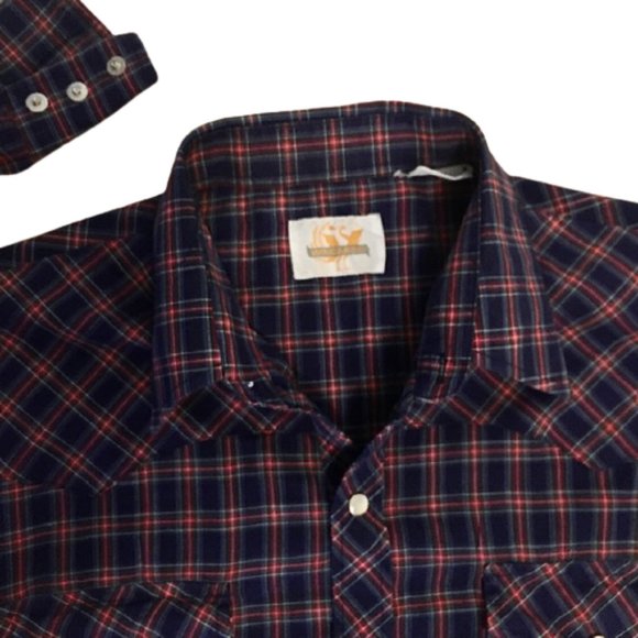 Wingars Western Shirt Plaid Navy Red Vintage 80s Pearl Snaps XL - Picture 2 of 4